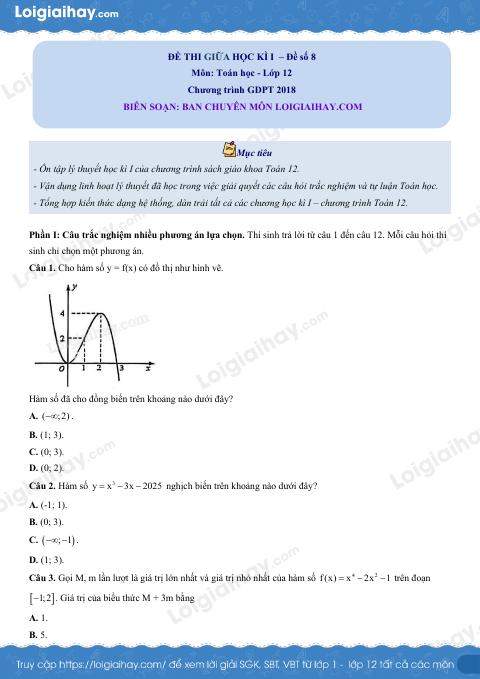 Đề thi học kì 1 Toán 12 - Đề số 8